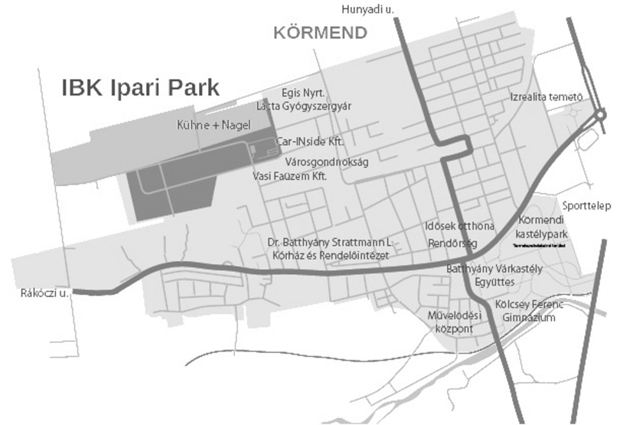 BT-Estate Hungary - Übersichtskarte von Körmend mit dem IBK Park markiert
